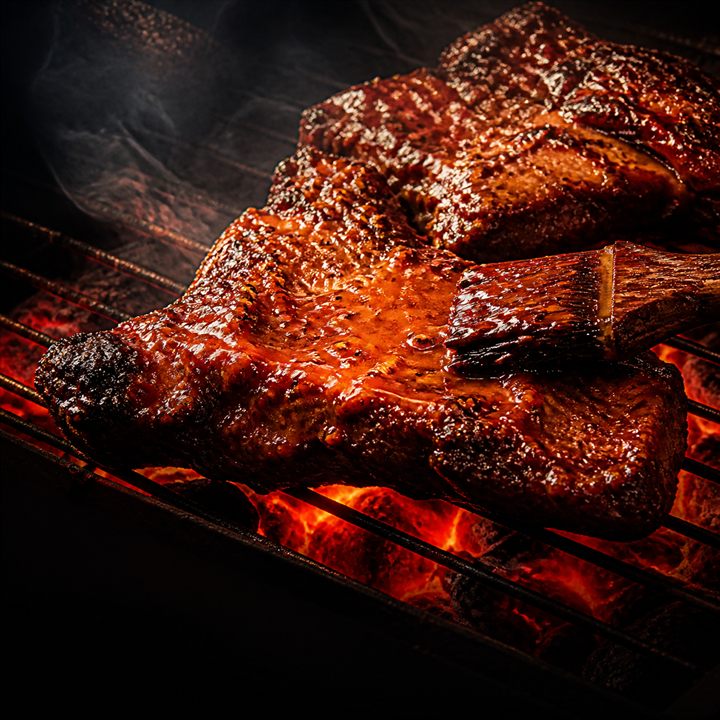 Sauce-glazed meat cooking over glowing braai coals