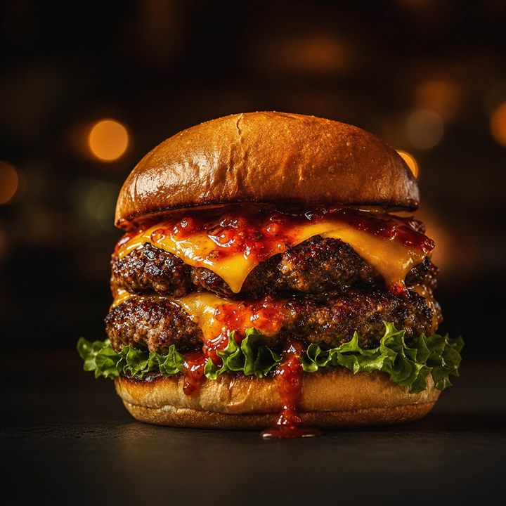 A gourmet burger finished with glossy chilli sauce