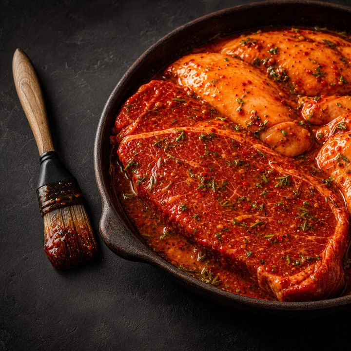 Meat resting in a rich chilli and herb marinade