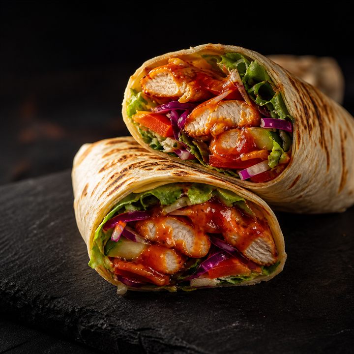 Toasted chicken wraps filled with vegetables and spicy sauce